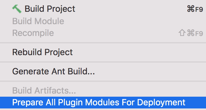 Screenshot showing the menu entries for builtin tools to build and deploy platform plugins